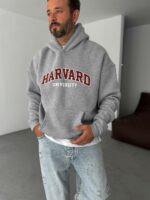 Мужское Утепленное Серое Худи “Harvard” Оверсайз на Флисе