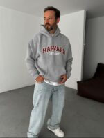 Мужское Утепленное Серое Худи “Harvard” Оверсайз на Флисе
