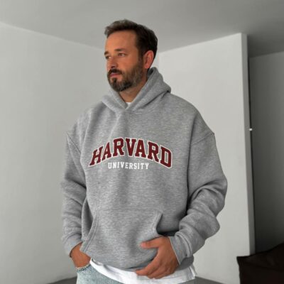 Мужское Утепленное Серое Худи “Harvard” Оверсайз на Флисе