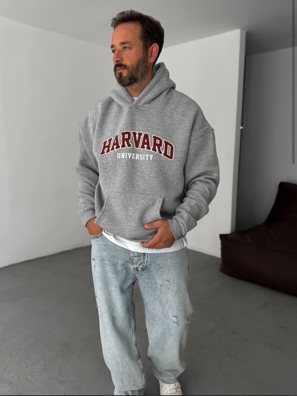 photo_2025-10-27_20-52-21 Мужское Утепленное Серое Худи “Harvard” Оверсайз на Флисе