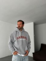 Мужское Утепленное Серое Худи “Harvard” Оверсайз на Флисе