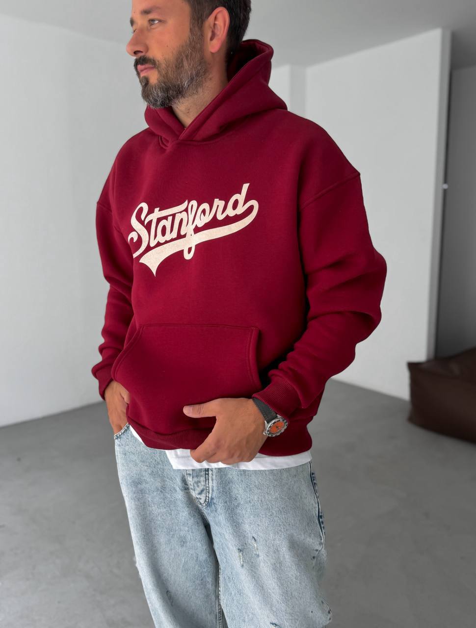 photo_2025-10-27_20-52-27 (2) Мужское Утепленное Красное Худи “Stanford” Оверсайз на Флисе