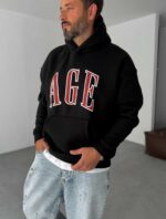 Мужское Утепленное Черное Худи “AGE” Оверсайз на Флисе