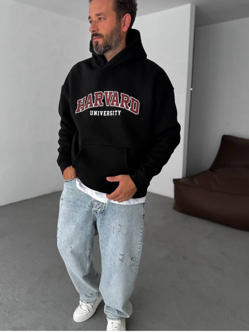 photo_2025-10-27_20-52-48 (2) Мужское Утепленное Черное Худи “Harvard” Оверсайз на Флисе