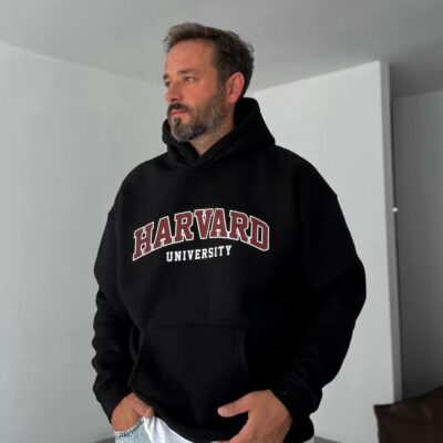 Мужское Утепленное Черное Худи “Harvard” Оверсайз на Флисе