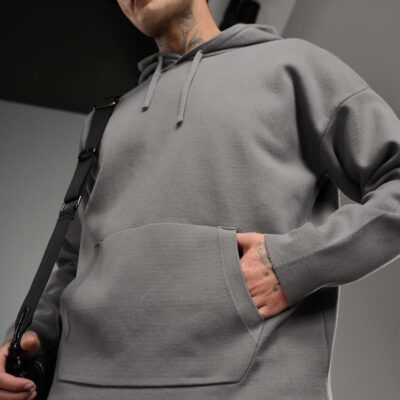 Мужское Базовое Хлопковое Серое Худи Свободного Кроя