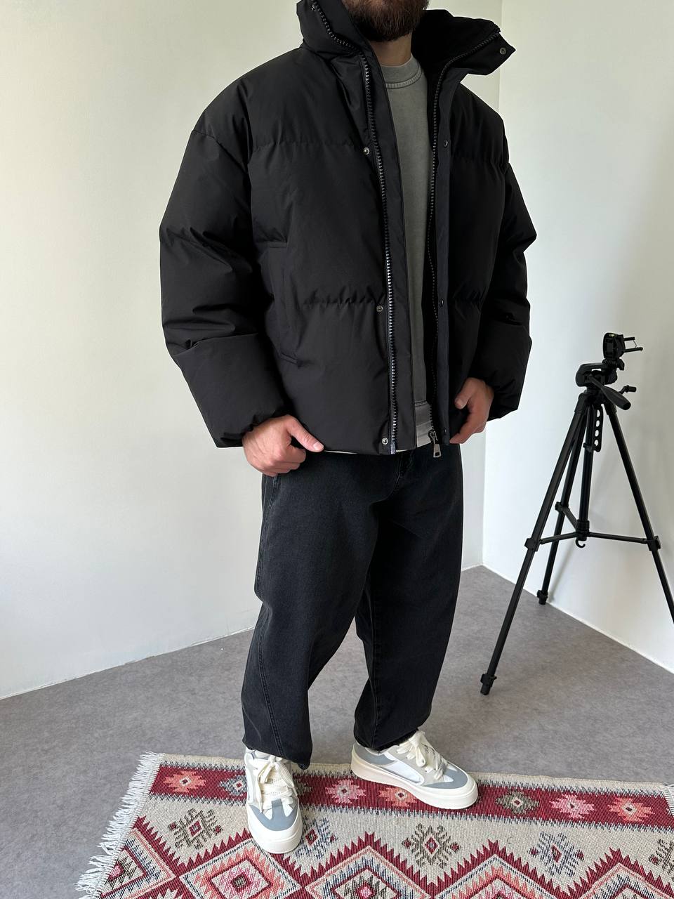 photo_2025-10-27_21-49-28 (2) Мужская Зимняя Черная Куртка Пуфер - Стеганая Оверсайз с Высокой Горловиной