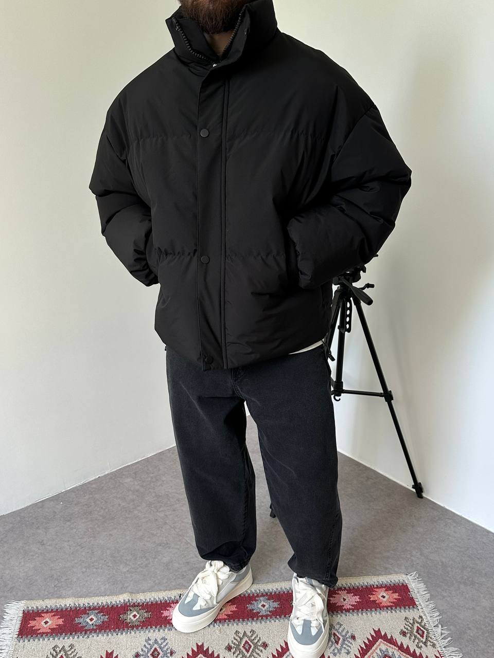 photo_2025-10-27_21-49-28 Мужская Зимняя Черная Куртка Пуфер - Стеганая Оверсайз с Высокой Горловиной