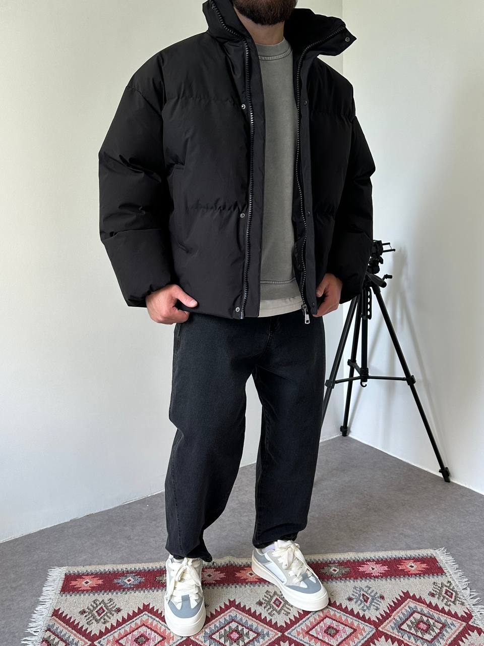photo_2025-10-27_21-49-29 (2) Мужская Зимняя Черная Куртка Пуфер - Стеганая Оверсайз с Высокой Горловиной