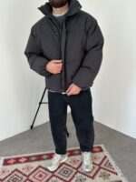 Мужская Зимняя Графитовая Куртка Пуфер - Стеганая Оверсайз с Высокой Горловиной