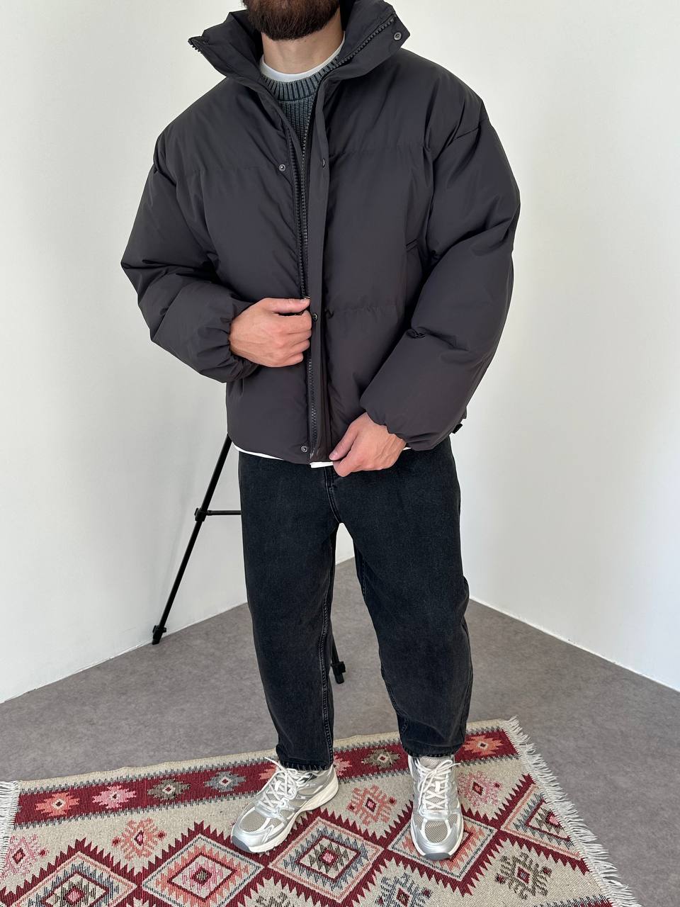 photo_2025-10-27_21-49-33 (2) Мужская Зимняя Графитовая Куртка Пуфер - Стеганая Оверсайз с Высокой Горловиной