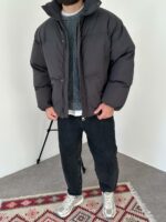 Мужская Зимняя Графитовая Куртка Пуфер - Стеганая Оверсайз с Высокой Горловиной