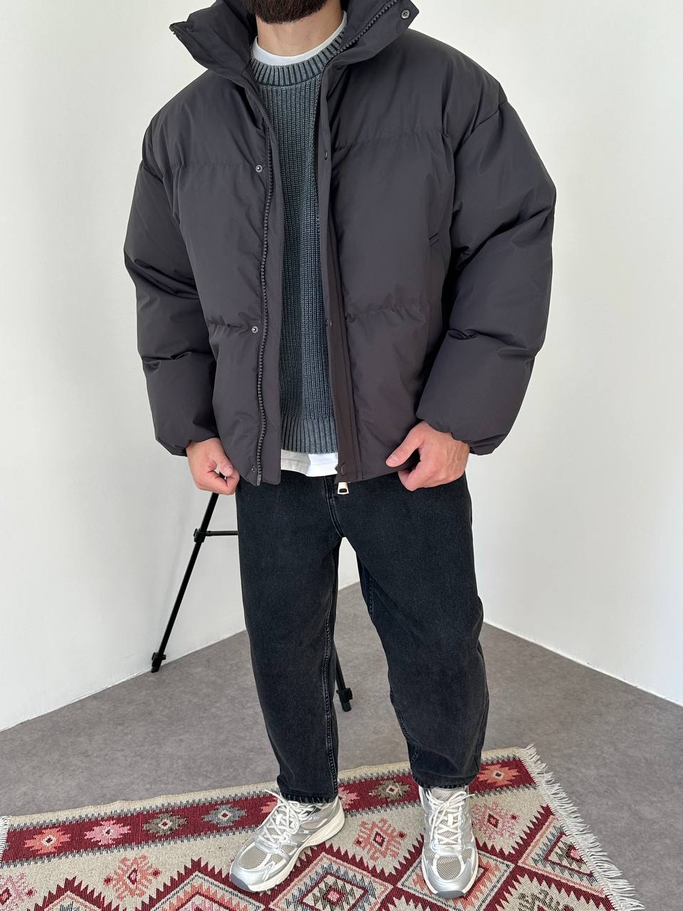 photo_2025-10-27_21-49-34 (2) Мужская Зимняя Графитовая Куртка Пуфер - Стеганая Оверсайз с Высокой Горловиной