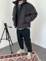 Мужская Зимняя Графитовая Куртка Пуфер - Стеганая Оверсайз с Высокой Горловиной