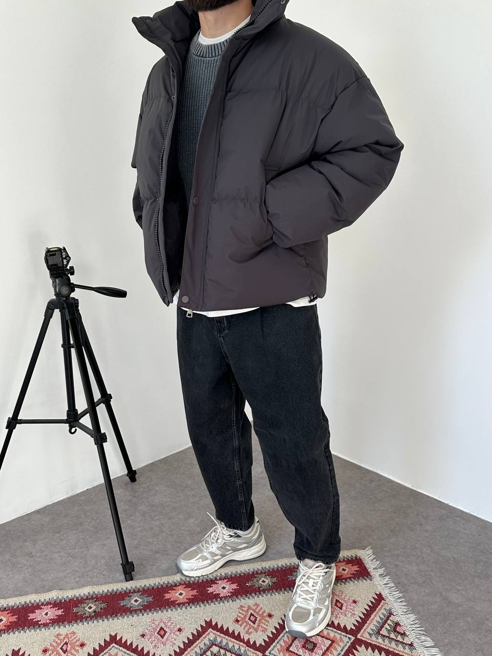 photo_2025-10-27_21-49-35 Мужская Зимняя Графитовая Куртка Пуфер - Стеганая Оверсайз с Высокой Горловиной