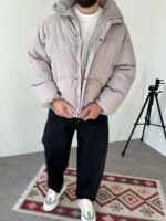 Мужская Зимняя Серая Куртка Пуфер - Стеганая Оверсайз с Высокой Горловиной