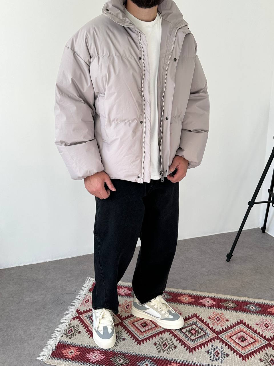photo_2025-10-27_21-49-39 Мужская Зимняя Серая Куртка Пуфер - Стеганая Оверсайз с Высокой Горловиной