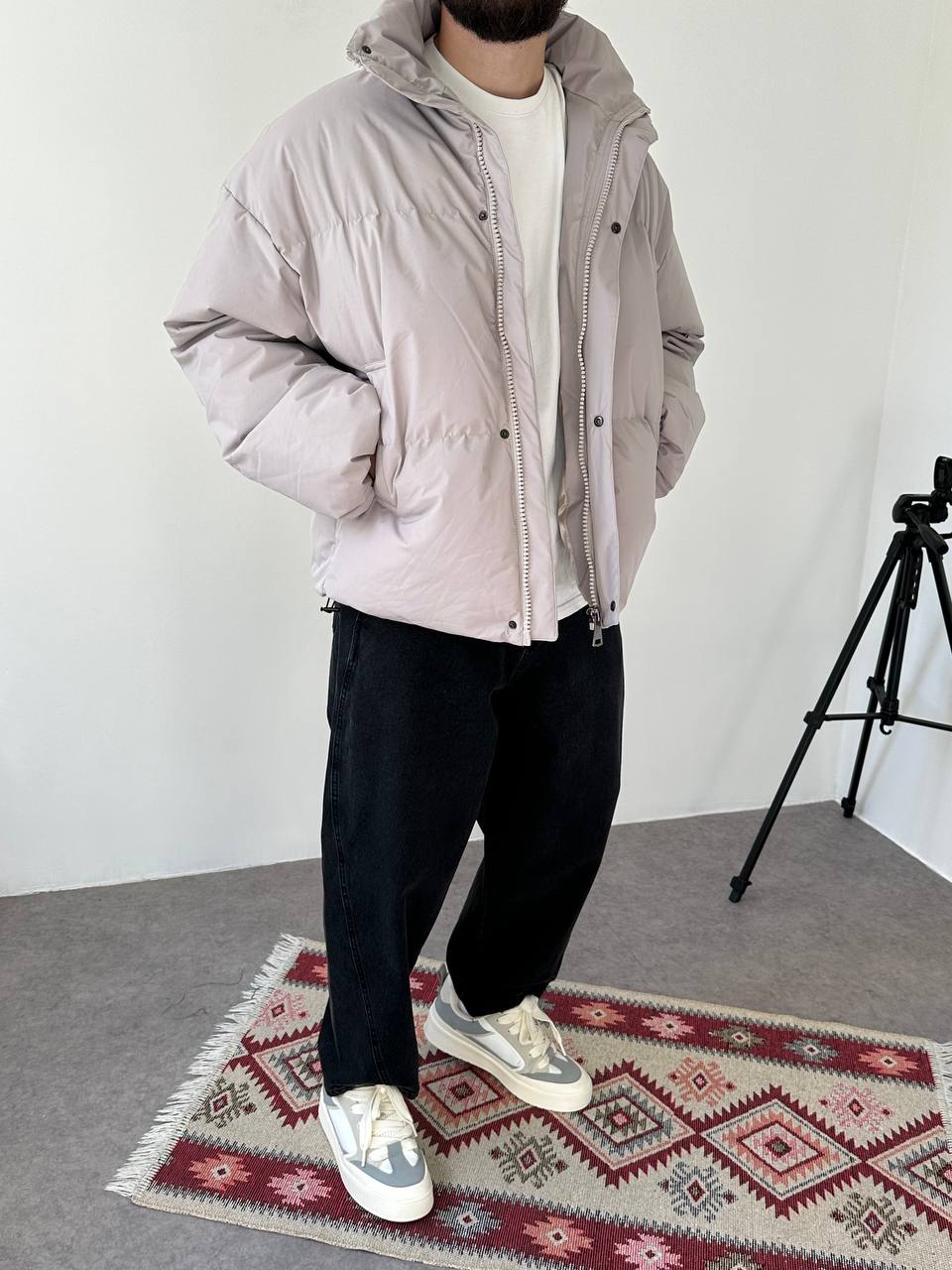 photo_2025-10-27_21-49-40 Мужская Зимняя Серая Куртка Пуфер - Стеганая Оверсайз с Высокой Горловиной