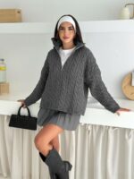Женский Теплый Серый Свитер Джемпер Косичка - Свободного Кроя с Зип Воротником