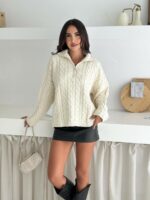 Женский Теплый Молочный Свитер Джемпер Косичка - Свободного Кроя с Зип Воротником