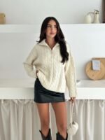 Женский Теплый Молочный Свитер Джемпер Косичка - Свободного Кроя с Зип Воротником