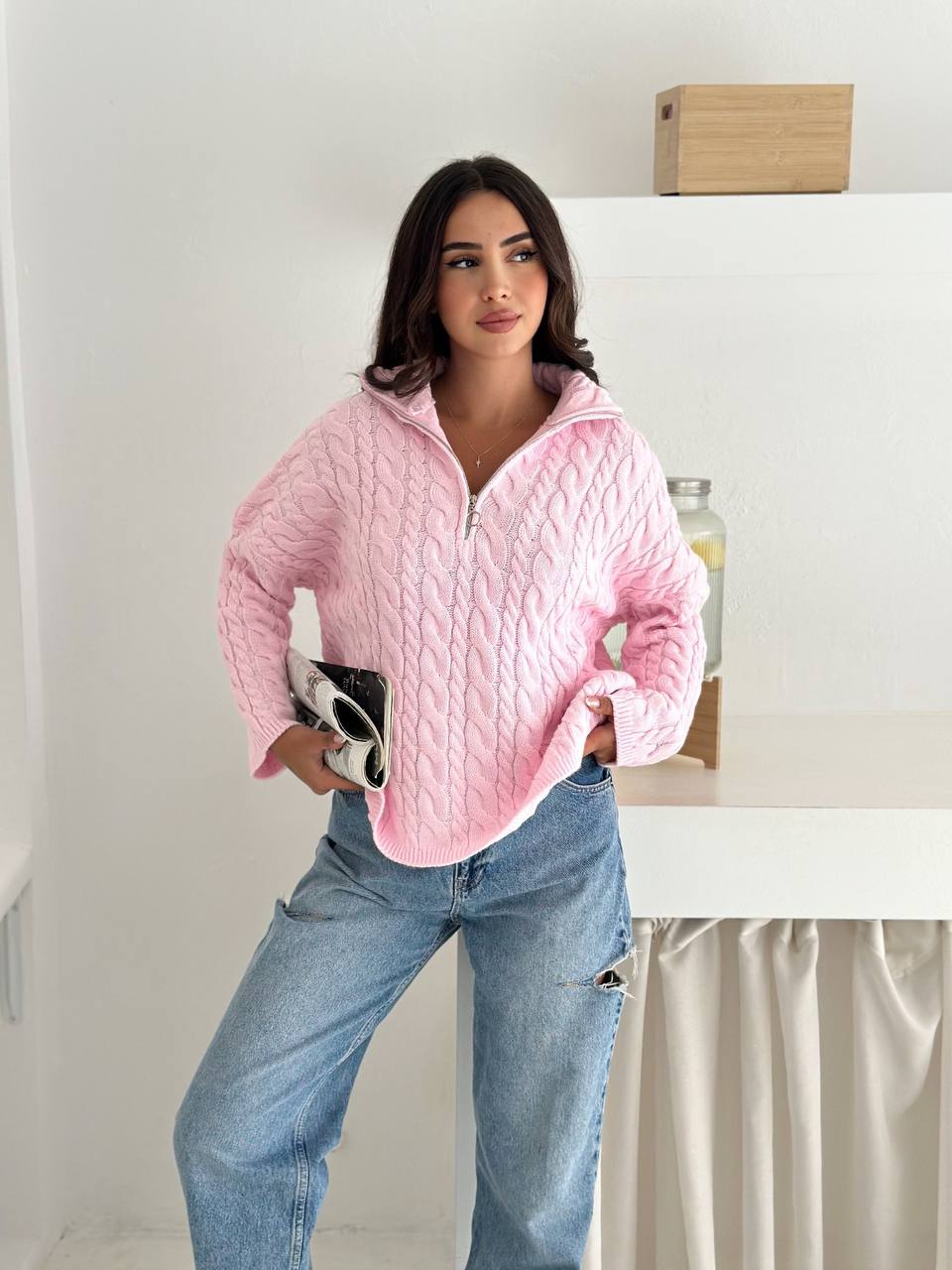 photo_2025-10-28_10-07-43 (2) Женский Теплый Розовый Свитер Джемпер Косичка - Свободного Кроя с Зип Воротником