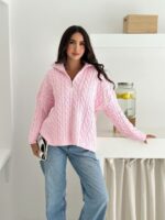 Женский Теплый Розовый Свитер Джемпер Косичка - Свободного Кроя с Зип Воротником