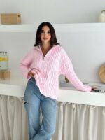 Женский Теплый Розовый Свитер Джемпер Косичка - Свободного Кроя с Зип Воротником