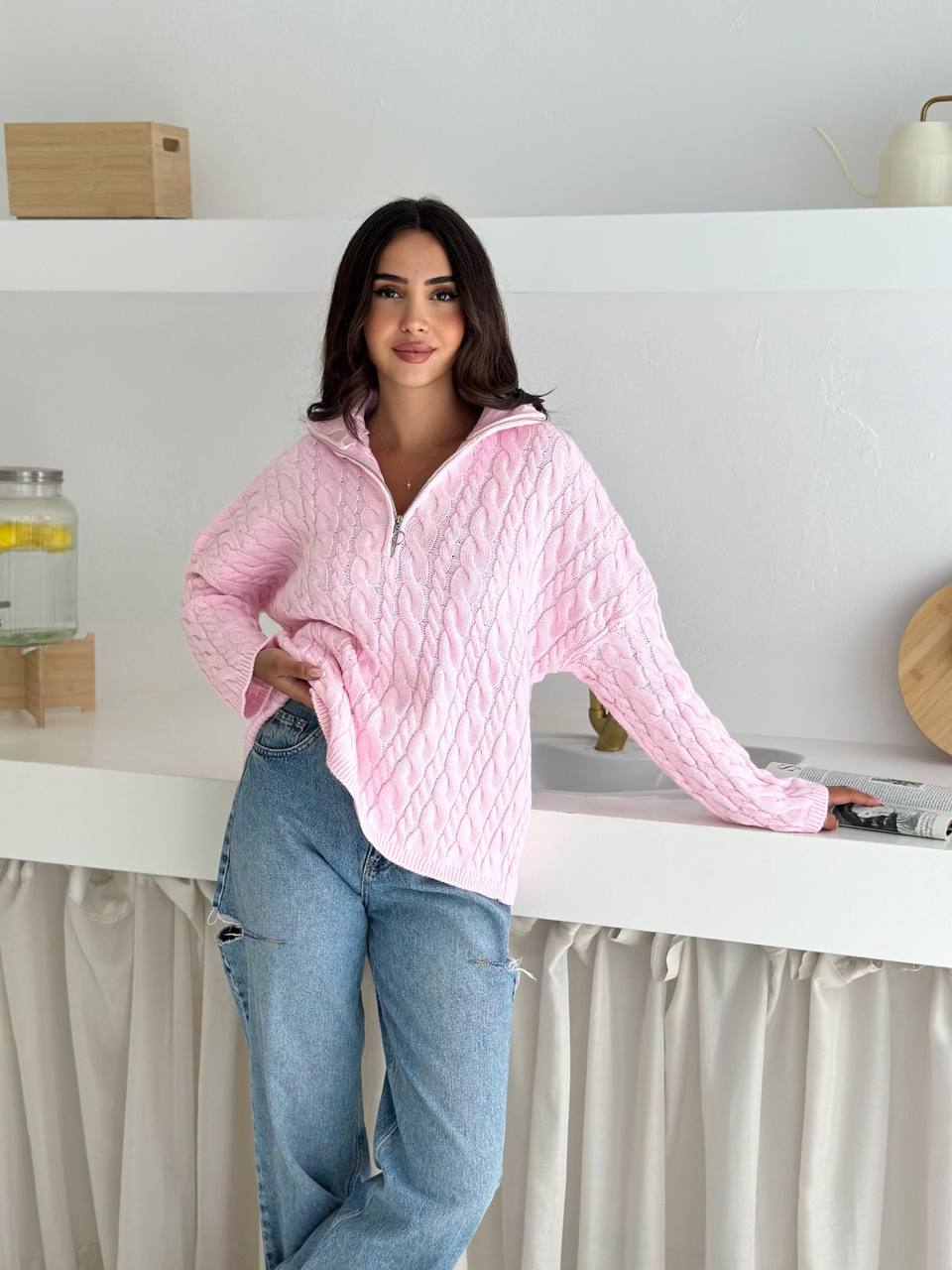 photo_2025-10-28_10-07-44 (2) Женский Теплый Розовый Свитер Джемпер Косичка - Свободного Кроя с Зип Воротником