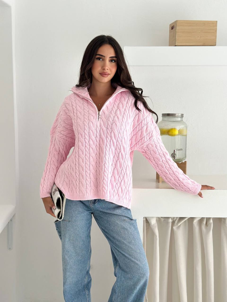 photo_2025-10-28_10-07-44 Женский Теплый Розовый Свитер Джемпер Косичка - Свободного Кроя с Зип Воротником