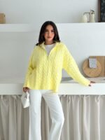 Женский Теплый Желтый Свитер Джемпер Косичка - Свободного Кроя с Зип Воротником