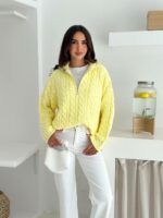 Женский Теплый Желтый Свитер Джемпер Косичка - Свободного Кроя с Зип Воротником