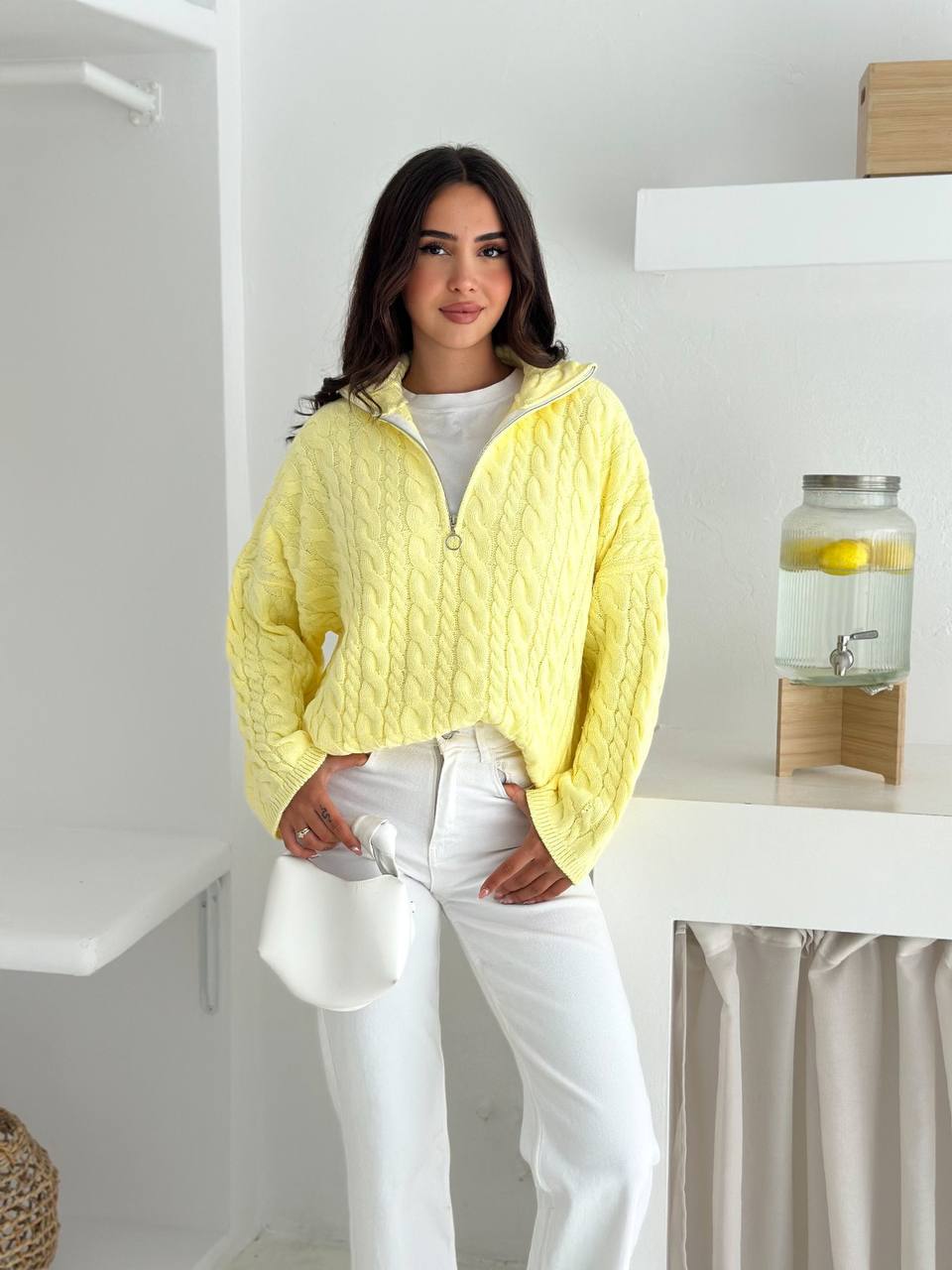 photo_2025-10-28_10-07-45 (2) Женский Теплый Желтый Свитер Джемпер Косичка - Свободного Кроя с Зип Воротником