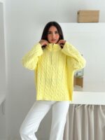 Женский Теплый Желтый Свитер Джемпер Косичка - Свободного Кроя с Зип Воротником