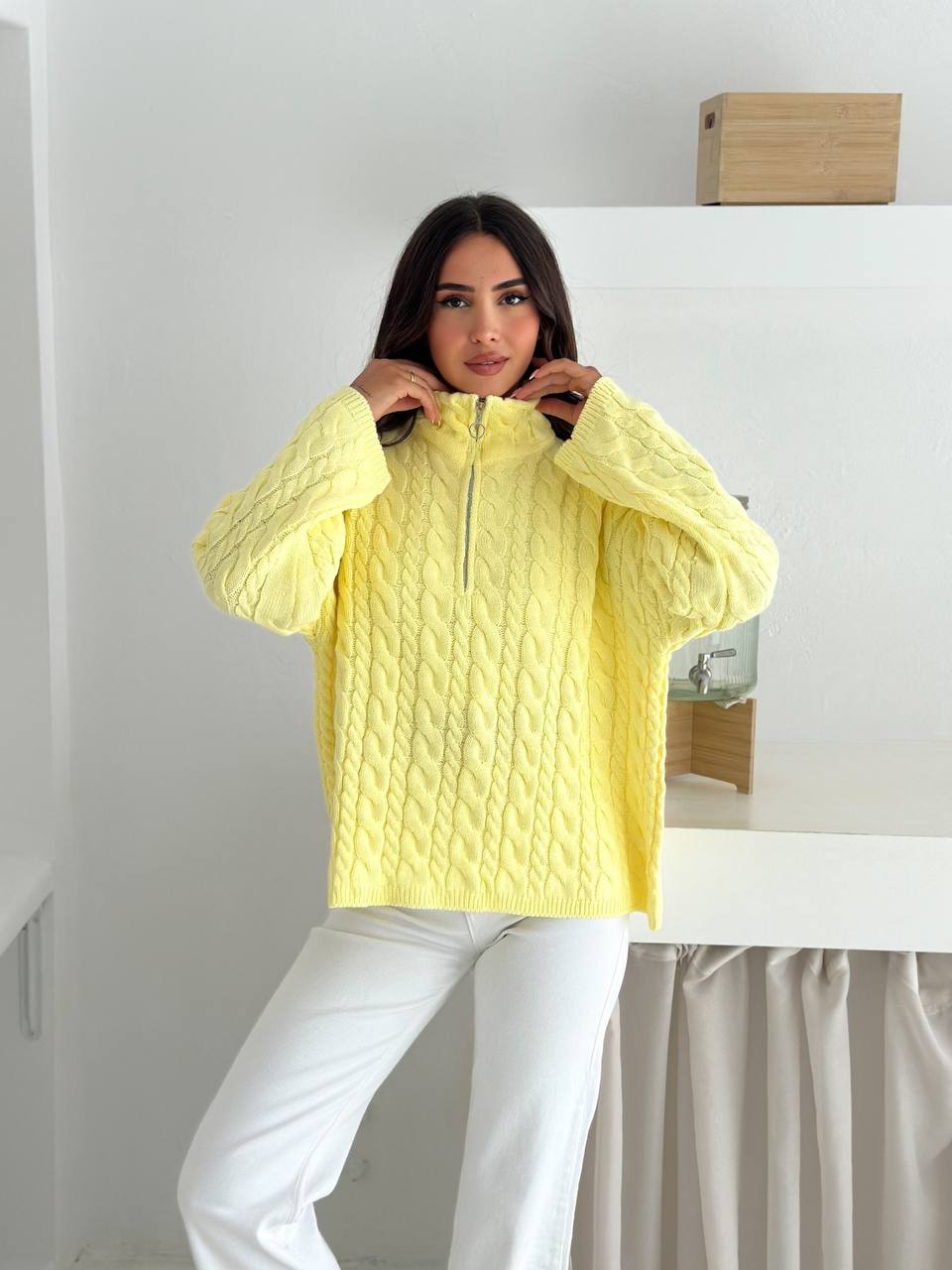 photo_2025-10-28_10-07-45 (3) Женский Теплый Желтый Свитер Джемпер Косичка - Свободного Кроя с Зип Воротником