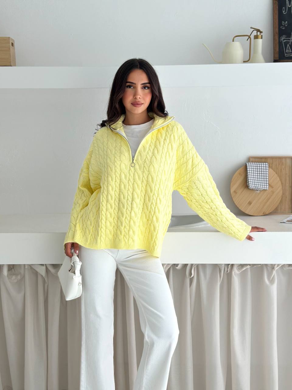 photo_2025-10-28_10-07-45 Женский Теплый Желтый Свитер Джемпер Косичка - Свободного Кроя с Зип Воротником