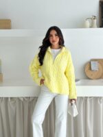 Женский Теплый Желтый Свитер Джемпер Косичка - Свободного Кроя с Зип Воротником
