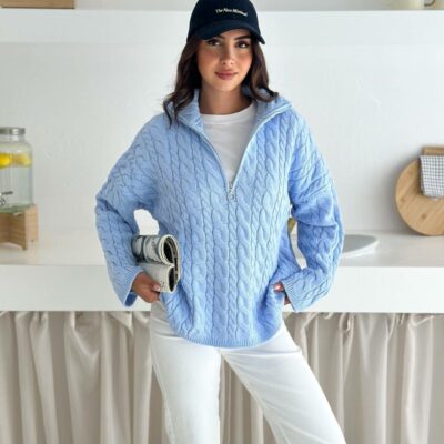 Женский Теплый Голубой Свитер Джемпер Косичка - Свободного Кроя с Зип Воротником