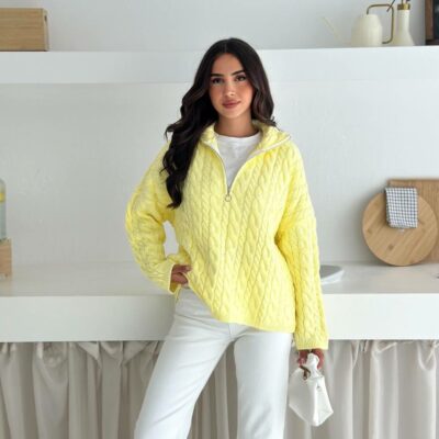 Женский Теплый Желтый Свитер Джемпер Косичка - Свободного Кроя с Зип Воротником