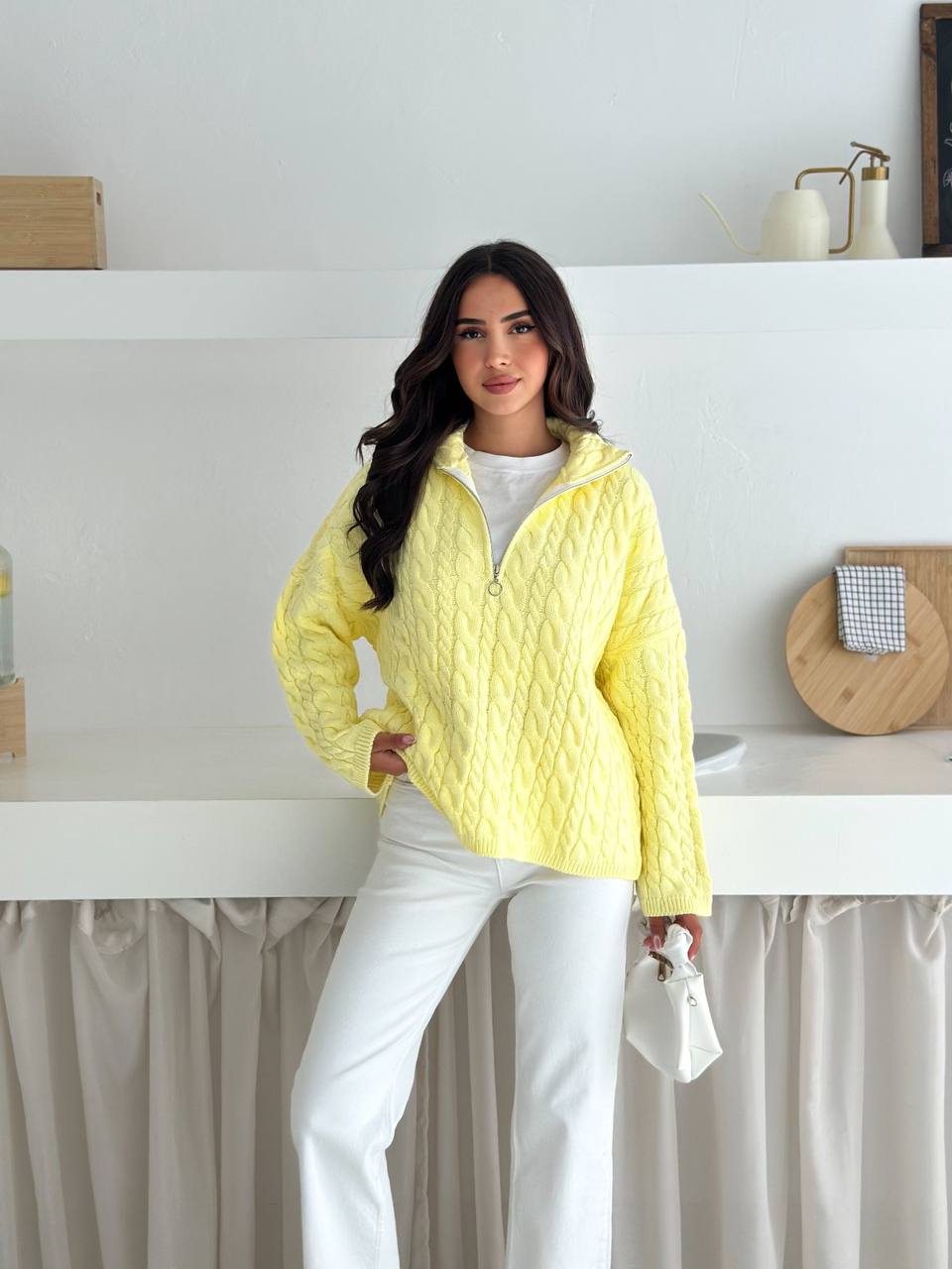 photo_2025-10-28_10-07-46 Женский Теплый Желтый Свитер Джемпер Косичка - Свободного Кроя с Зип Воротником