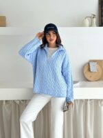 Женский Теплый Голубой Свитер Джемпер Косичка - Свободного Кроя с Зип Воротником