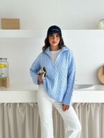 Женский Теплый Голубой Свитер Джемпер Косичка - Свободного Кроя с Зип Воротником