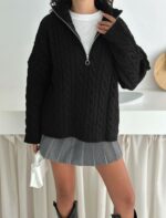 Женский Теплый Черный Свитер Джемпер Косичка - Свободного Кроя с Зип Воротником