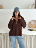 Женский Теплый Коричневый Свитер Джемпер Косичка - Свободного Кроя с Зип Воротником