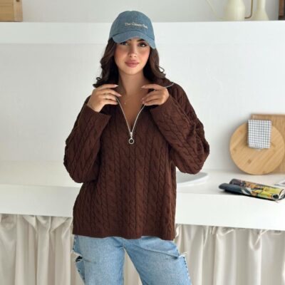 Женский Теплый Коричневый Свитер Джемпер Косичка - Свободного Кроя с Зип Воротником