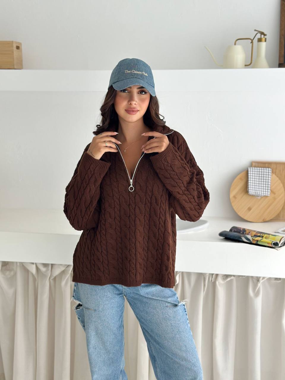 photo_2025-10-28_10-07-50 (2) Женский Теплый Коричневый Свитер Джемпер Косичка - Свободного Кроя с Зип Воротником