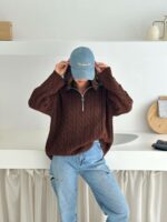 Женский Теплый Коричневый Свитер Джемпер Косичка - Свободного Кроя с Зип Воротником