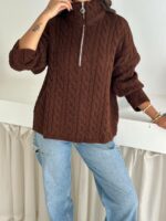 Женский Теплый Коричневый Свитер Джемпер Косичка - Свободного Кроя с Зип Воротником