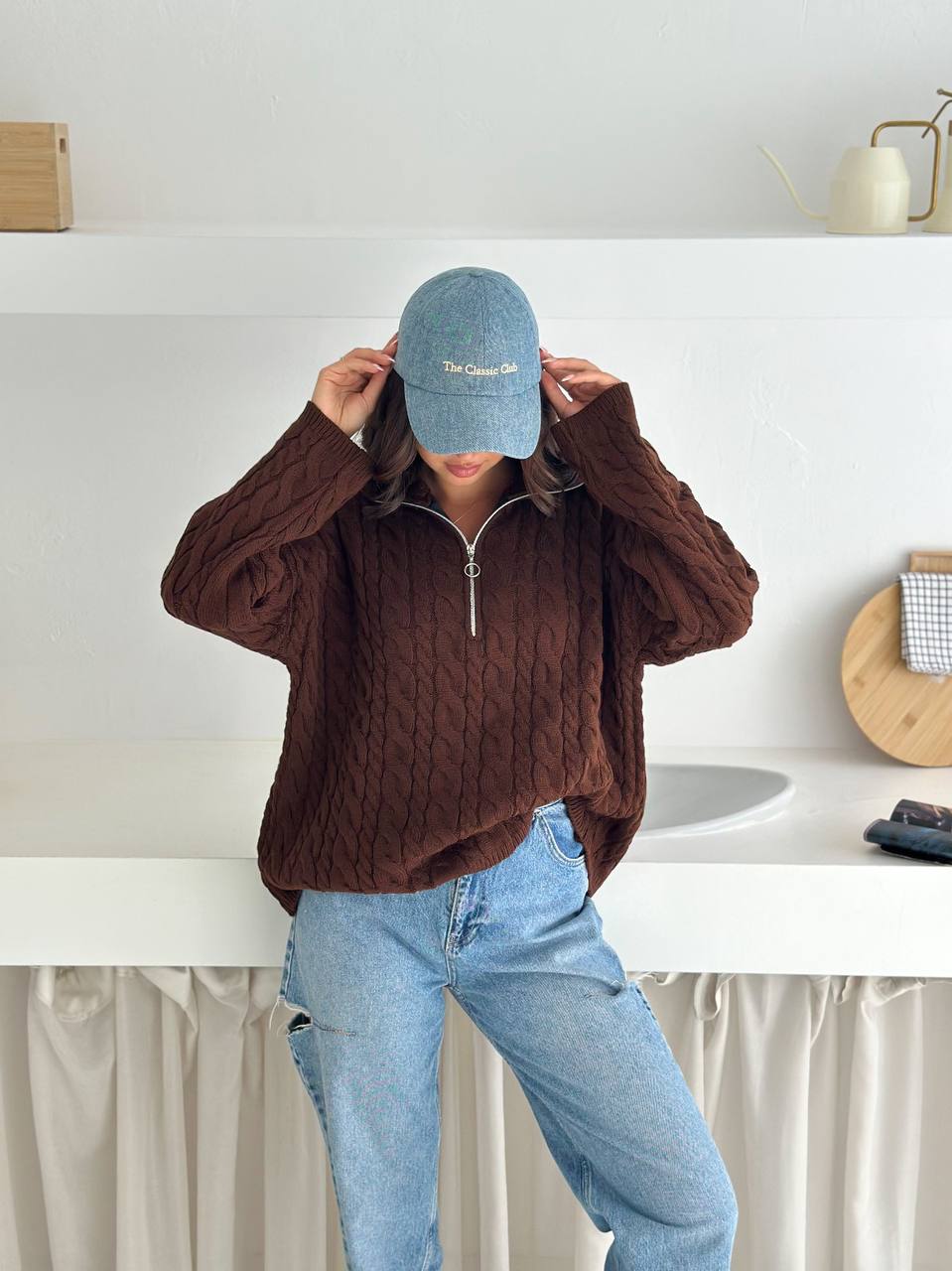 photo_2025-10-28_10-07-51 Женский Теплый Коричневый Свитер Джемпер Косичка - Свободного Кроя с Зип Воротником