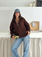 Женский Теплый Коричневый Свитер Джемпер Косичка - Свободного Кроя с Зип Воротником